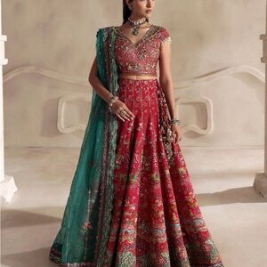 Republic Embellished Pink and Red Lehenga Choli green duppatta
